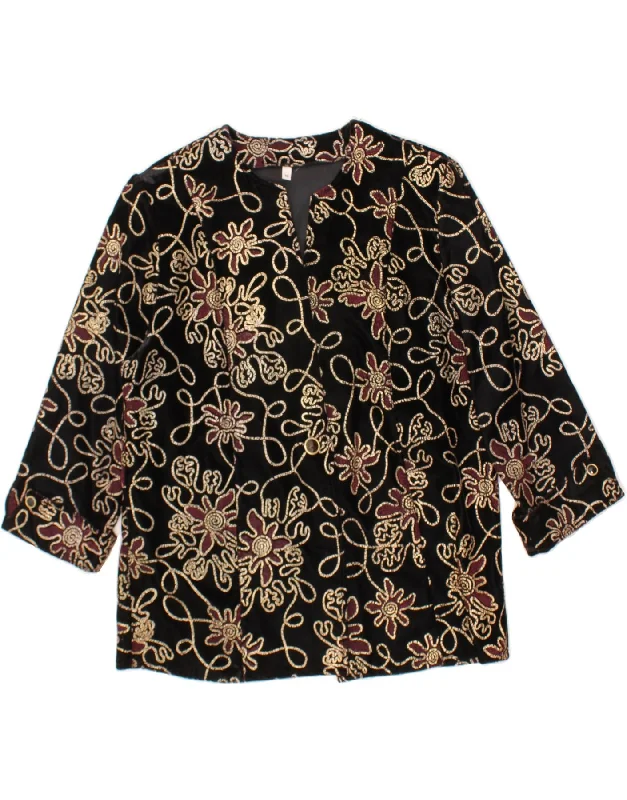 VINTAGE Womens 3/4 Sleeve 1 Button Blazer Jacket IT 46 Large Black Floral Jacket Blazer Coat