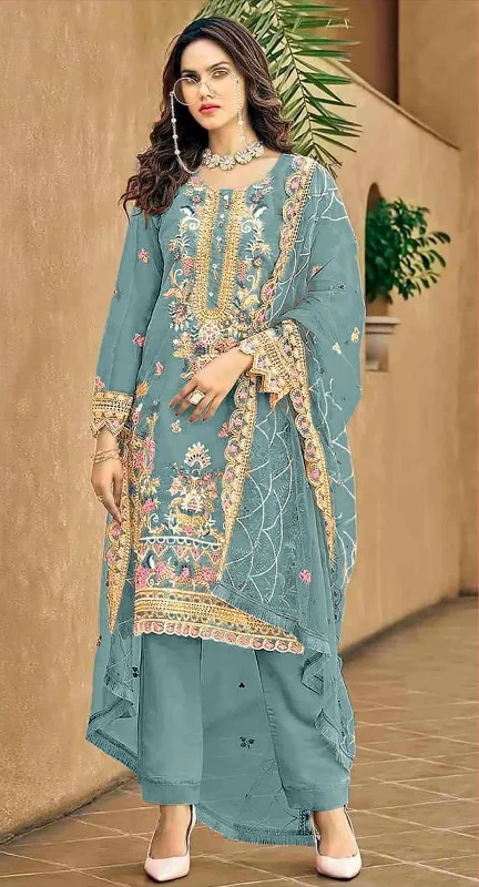 Women's Teal Organza Silk Embroidered With Handwork Kurta With Trouser & Dupatta - Jyoti Fashion High Waist Slim Fit Ankle Length