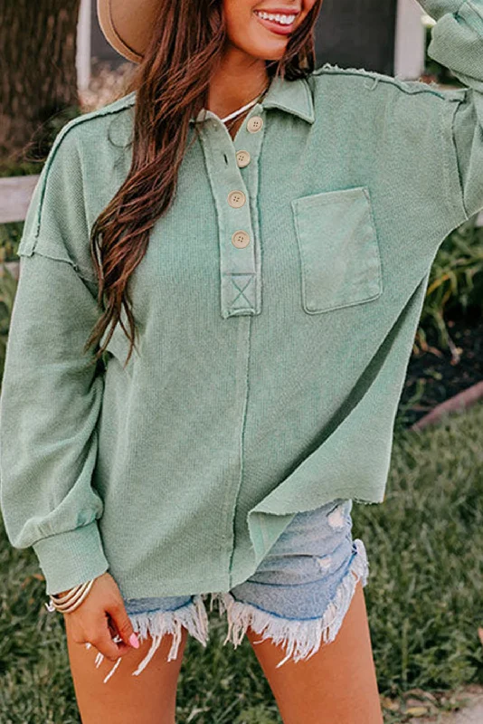 Laurel Green Waffle Exposed Seam Pocket Henley Sweatshirt Hoodie with Turtle Neck Cozy Winter