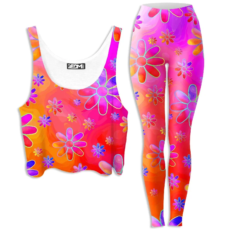 Hippie Trippy Flowers Crop Top and Leggings Combo Casual Formal Business