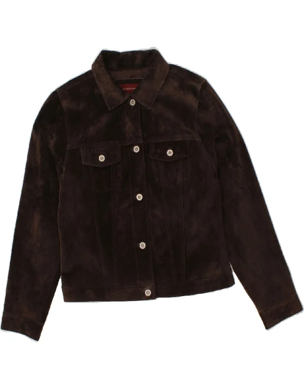 EDDIE BAUER Womens Suede Jacket UK 10 Small Brown Leather Elasticated Jacket Padded Jacket Insulated Jacket
