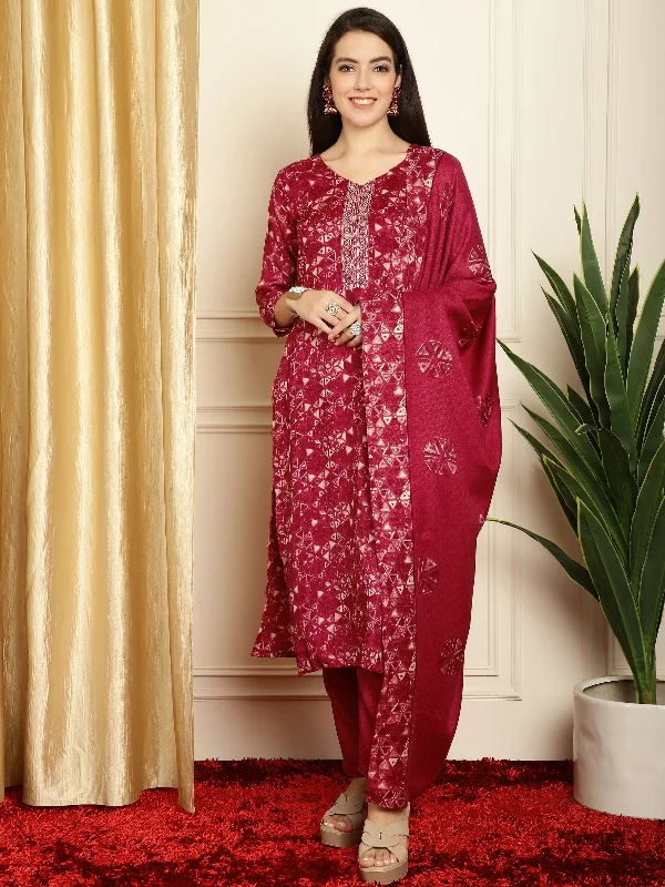 Women's Red Pashmina Floral Digital Printed Kurta With Trouser & Dupatta - Jyoti Fashion Trousers Brand Named