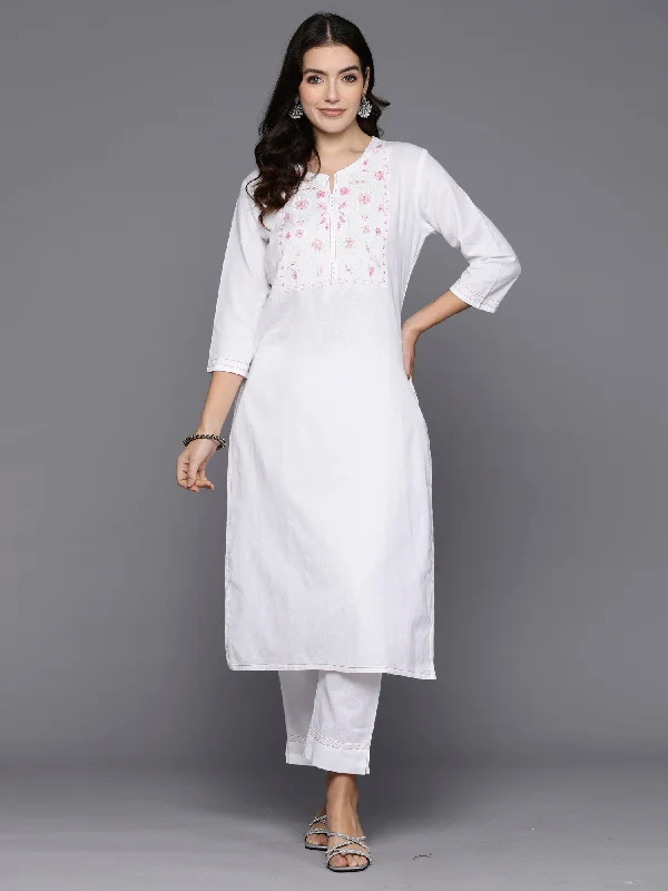 Women's Off White Embroidered Straight Kurta Trousers  Set - Indo Era Trousers cozy comfortable