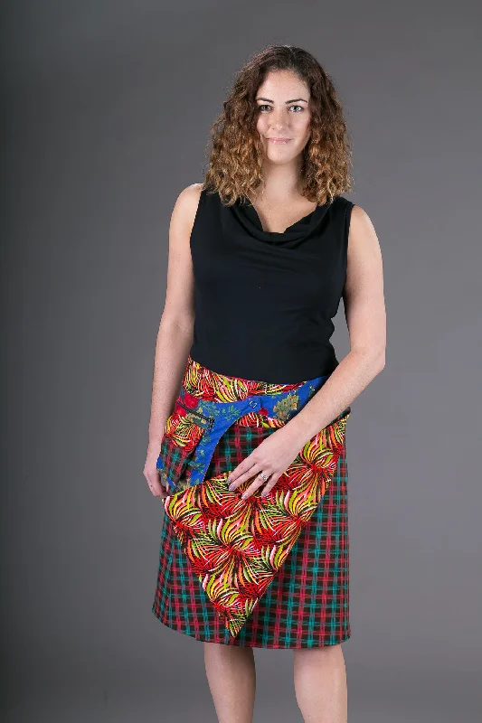 Reversible Cotton Corduroy Skirt Red Floral Tartan Print with Pocket vintage skirt charm Reversible Cotton Corduroy Skirt Red Floral Tartan Print with Pocket vintage skirt charm