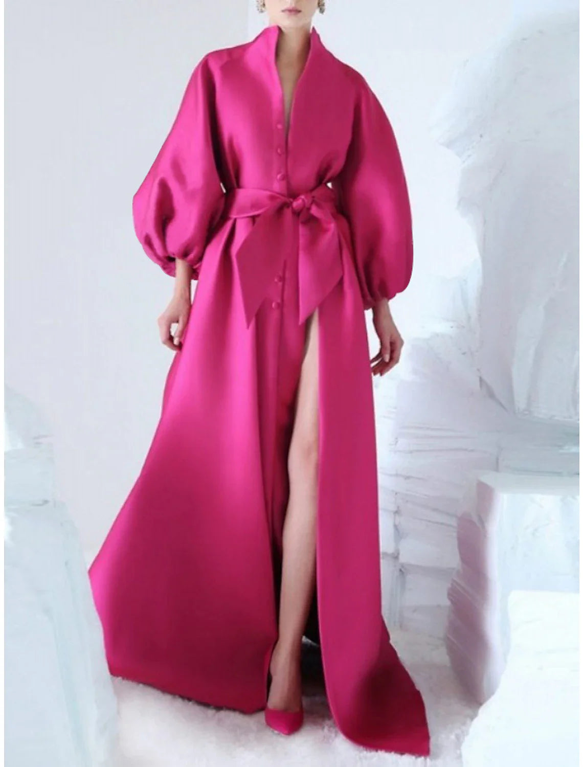 A-Line Evening Gown Elegant Dress Formal Sweep / Brush Train Long Sleeve V Neck Satin with Bow(s) Sequin Slit Tunics Polka dots A-Line Evening Gown Elegant Dress Formal Sweep / Brush Train Long Sleeve V Neck Satin with Bow(s) Sequin Slit Tunics Polka dots