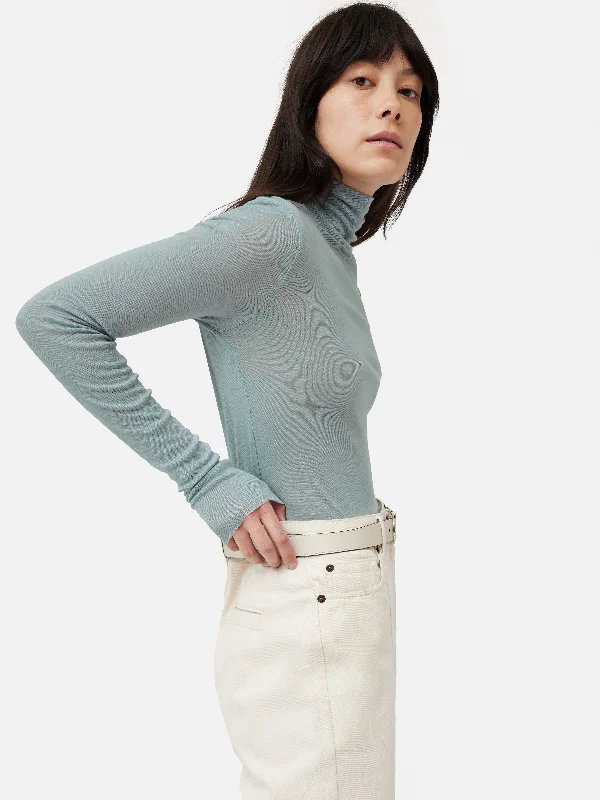 Wool Jersey Polo Neck Top | Blue Jet Black Jersey Tee