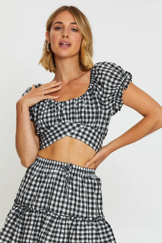 Check Crop Top Tie Up Terry Blend Velvet Blend Canvas Blend