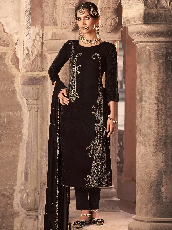 Women's Brown Velvet Floral Resham Thread With Jari Work Kurta With Trouser & Dupatta - Jyoti Fashion Trousers Travel Practical