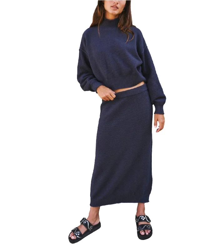 Hailee Sweater Skirt Set In Navy Denim Fabric Leather Fabric Suede Fabric