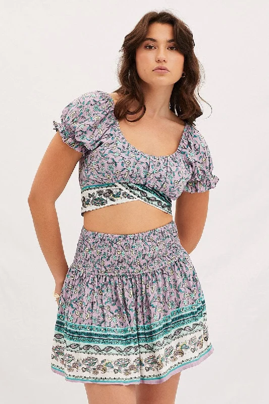 Boho Print Round Neck Puff Sleeve Crop Top Hooded Caped Shawl Collar