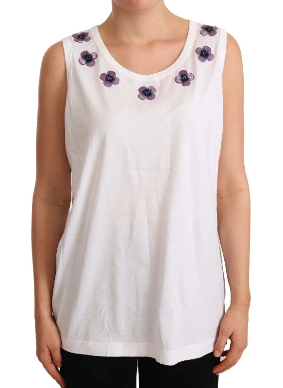Dolce & Gabbana Floral Trim Logo Tank Top in Women's White flowy tank top