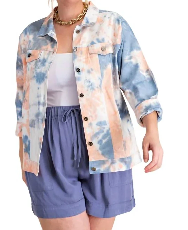 Tie -Dyed Denim Trucker Jacket In Navy/orange Lace Jacket Ribbed Jacket Sequined Jacket