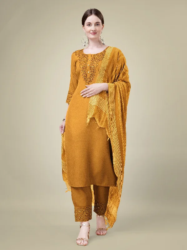 Women's Mustard Cotton Blend Embroidery & Sequence Work Kurta With Trouser & Dupatta - Jyoti Fashion Trousers Business Professional