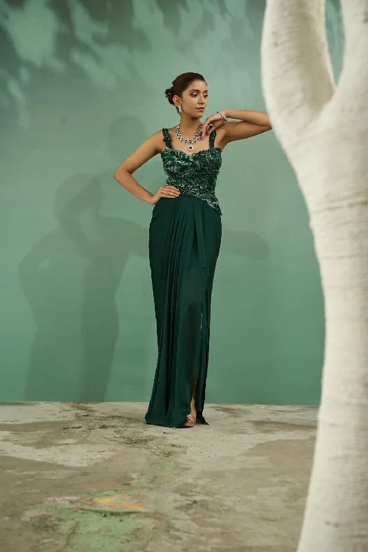 Emarald Green Cutwork Top And Drape Skirt Set chiffon skirt flowing