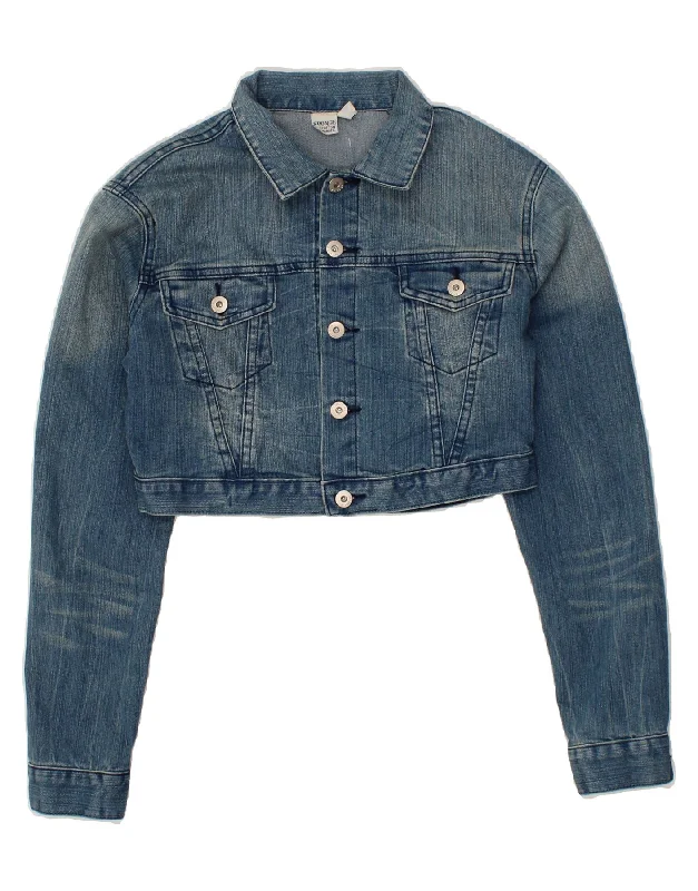 VINTAGE Womens Crop Denim Jacket UK 14 Medium Blue Cotton Snapped Jacket Toggled Jacket Drawstring Jacket