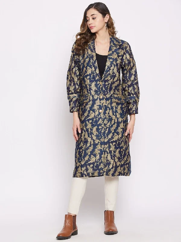 Navy Blue Foil Printed Denim Jacket (Final Sale) Nylon Fabric Polyester Fabric Spandex Fabric