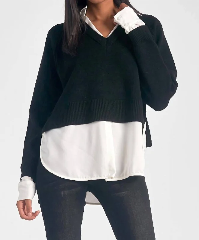 Stevie Layered Sweater/shirt Combo In Black/white Wool Fabric Cashmere Fabric Tweed Fabric