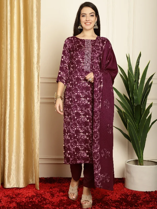 Women's Wine Pashmina Floral Digital Printed Kurta With Trouser & Dupatta - Jyoti Fashion Trousers Handmade Artisanal