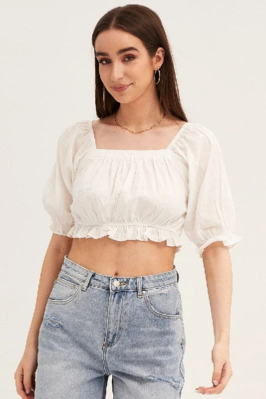 White Crop Top Puff Sleeve Frill Edge Seamless Knitted Crochet