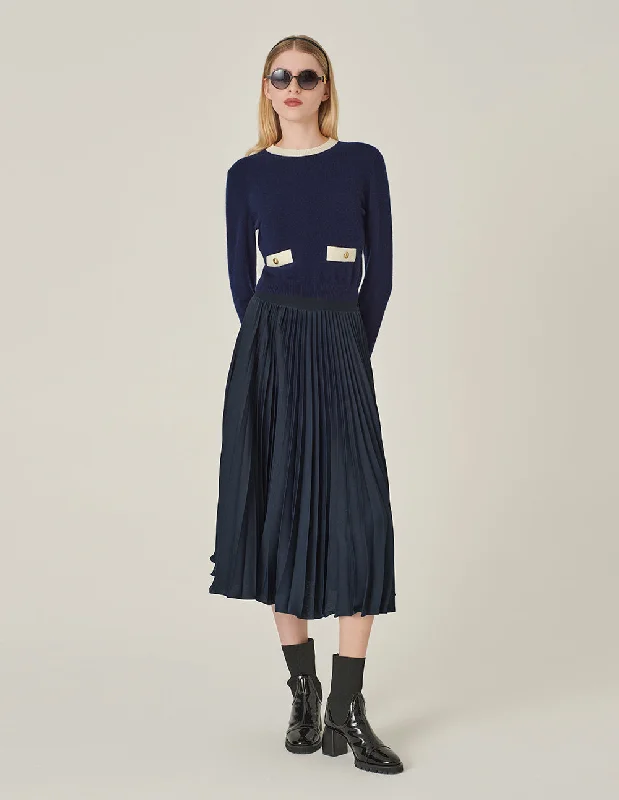 MARYLING Round-Neck Contrast Long-Sleeve Cropped Cashmere Knitted Sweater Solid Print Embellished