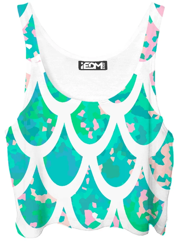 Mermaid Scales White Crop Top Mesh Blend Leather Blend Suede Blend