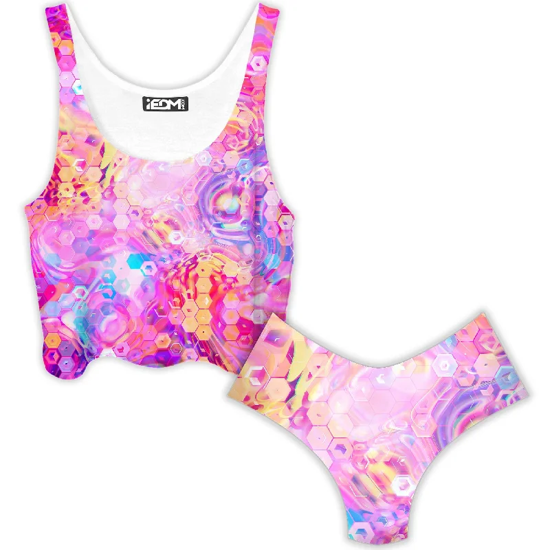 Purple Mirage Crop Top and Booty Shorts Combo Ribbed Striped Patterned