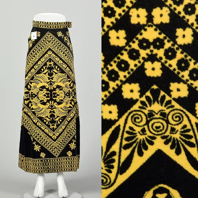 XXS 1970s Mr. Dino Velveteen Skirt Gold Black Print Maxi wool skirt thick