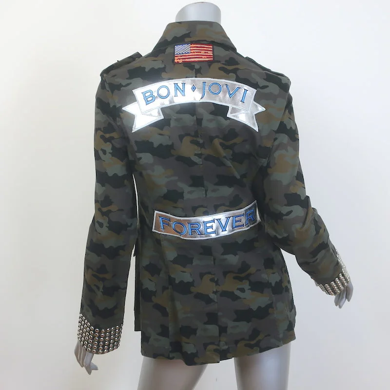 L'Agence Bon Jovi Forever Cromwell Camo Military Jacket Dark Green Size Medium Rayon Fabric Velvet Fabric Corduroy Fabric