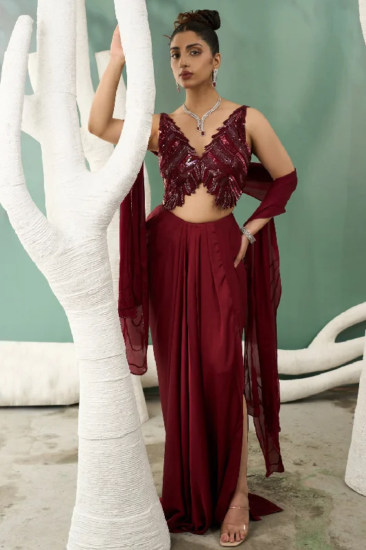 Burgundy Drape Skirt And Cutwork Top linen skirt airy