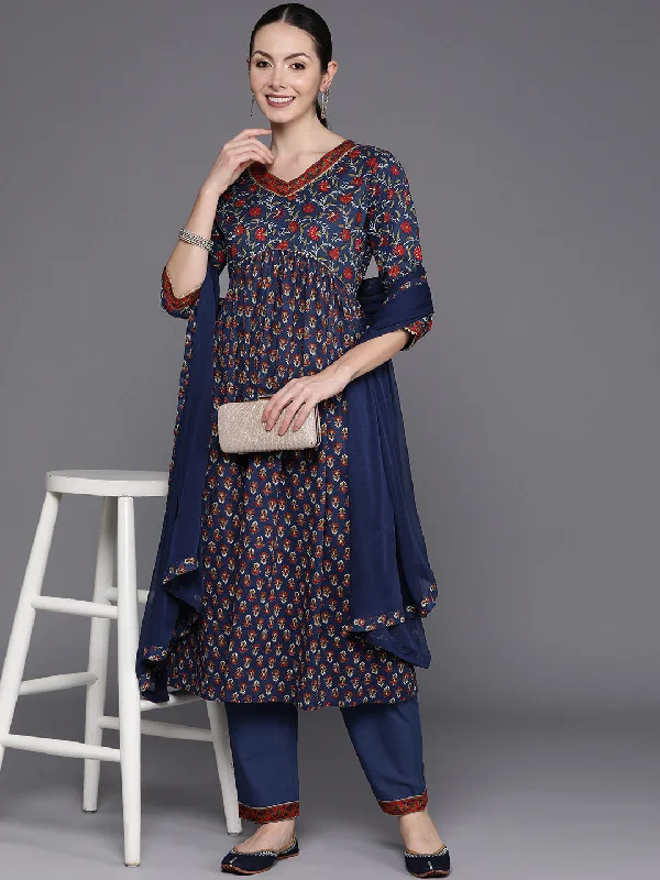Women's Blue Printed A-Line Kurta Trousers With Dupatta Set - Indo Era Trousers Cargo Utility