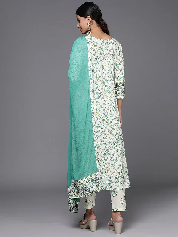 Women's Off White Printed A-Line Kurta Trousers With Dupatta Set - Indo Era Trousers sophisticated sleek