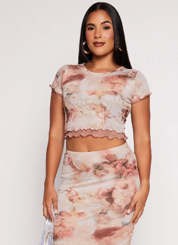 Almost Famous Mesh Lined Printed Crop Top Wool Fabric Cashmere Fabric Tweed Fabric