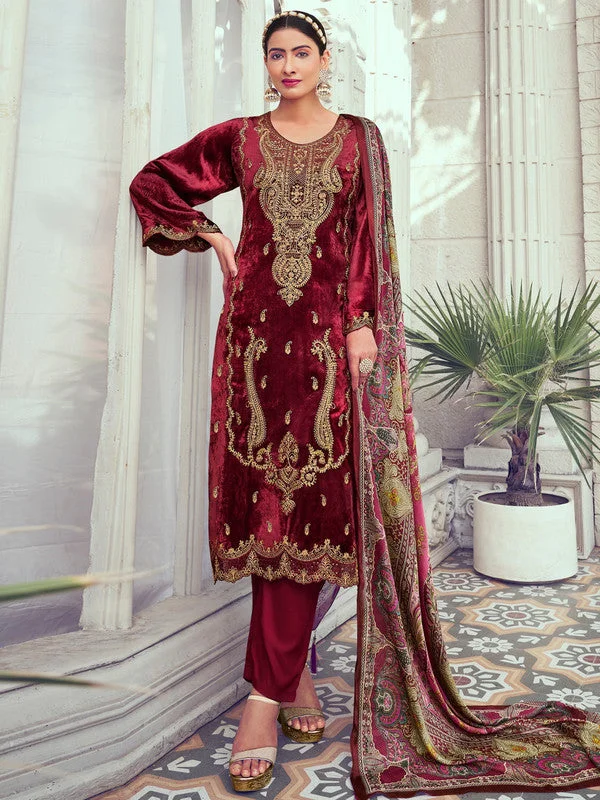 Women's Maroon Velvet Cording With Digital Printed Kurta With Trouser & Dupatta - Jyoti Fashion Trousers Satin Smooth