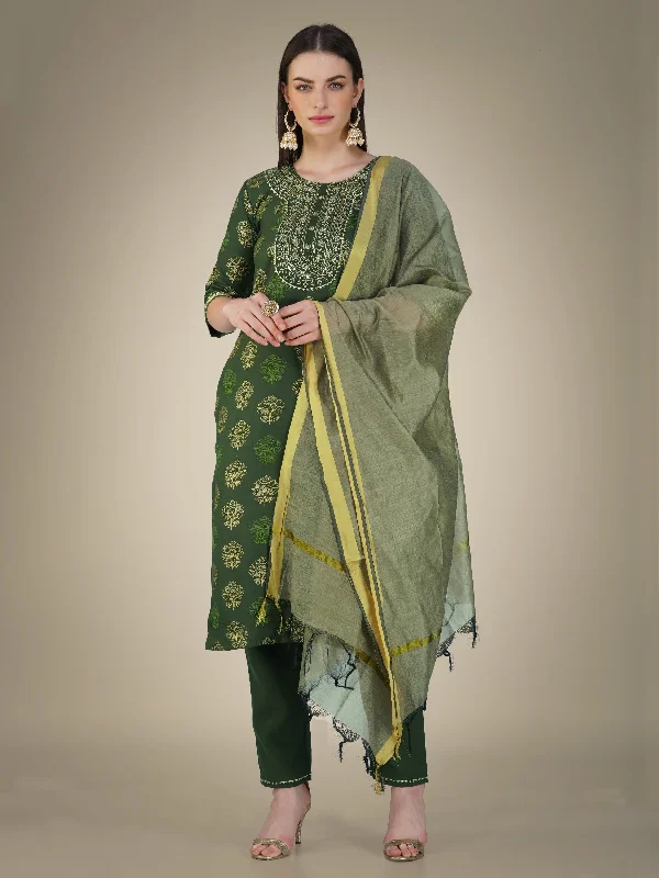 Women's Dark Green Cotton Magic Slub Embroidery & Sequence Work Kurta With Trouser & Dupatta - Jyoti Fashion Trousers Denim Blue