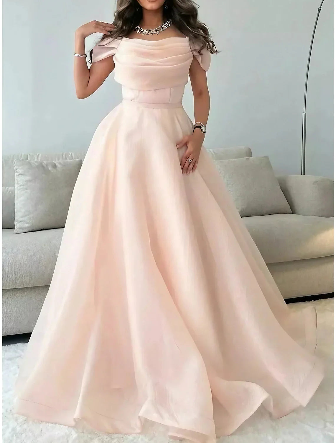A-Line Evening Gown Elegant Dress Formal Floor Length Short Sleeve Off Shoulder Tulle with Pleats Ruched Tunics Long Elegant A-Line Evening Gown Elegant Dress Formal Floor Length Short Sleeve Off Shoulder Tulle with Pleats Ruched Tunics Long Elegant