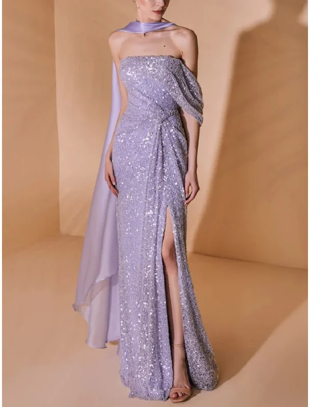 A-Line Evening Gown Elegant Dress Formal Sweep / Brush Train Sleeveless Strapless Sequined with Glitter Pleats Slit Tunics stripes playful A-Line Evening Gown Elegant Dress Formal Sweep / Brush Train Sleeveless Strapless Sequined with Glitter Pleats Slit Tunics stripes playful