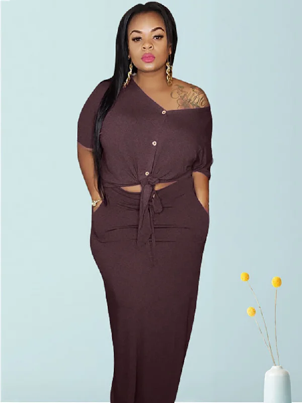 Plus Size 2 Piece Button Twist Knot Top+Pocket Skirt Set patchwork skirt art