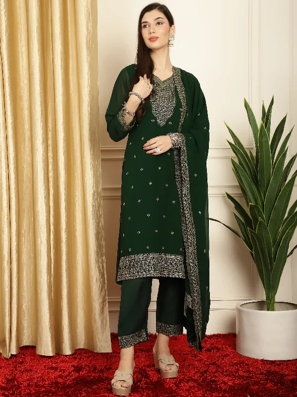 Women's Green Georgette Resham Thread & Sequin Kurta With Trouser & Dupatta - Jyoti Fashion Trousers Fall Fleece