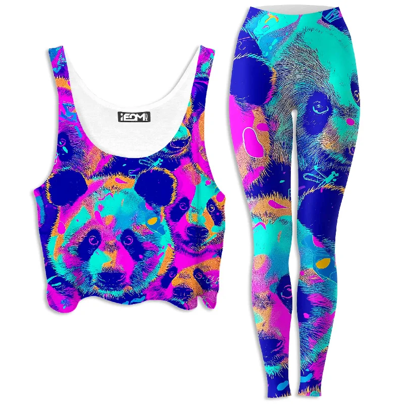 Panda Melt Crop Top and Leggings Combo Mesh Fabric Canvas Fabric Denim Fabric