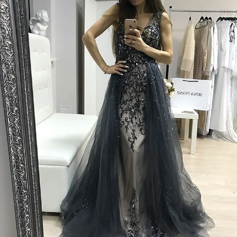 Charming A-line Beaded Sleeveless Tulle V-neck Backless Prom Dresses, FC432 Cowl Neckline Elegant