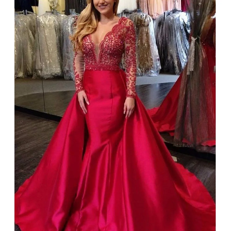 Red Long Sleeve Beaded Backless Deep V-neck Prom Dresses, FC1952 Tunics Polka dots