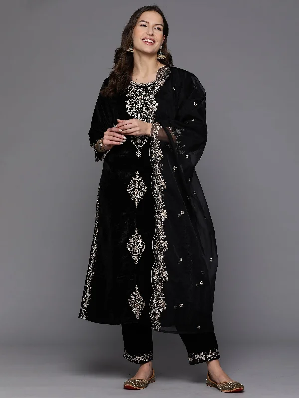 Women's Black Embroidered Straight Kurta Trousers With Dupatta Set - Indo Era Trousers High Rise Slim Fit