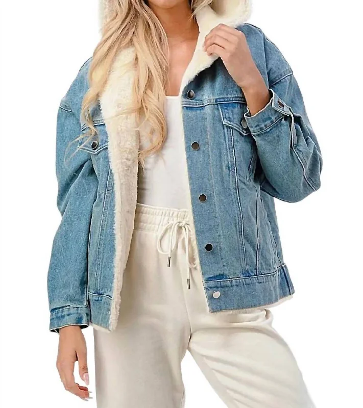 Evelyn Hooded Denim Jacket With Faux Fur Lining Nylon Fabric Polyester Fabric Spandex Fabric