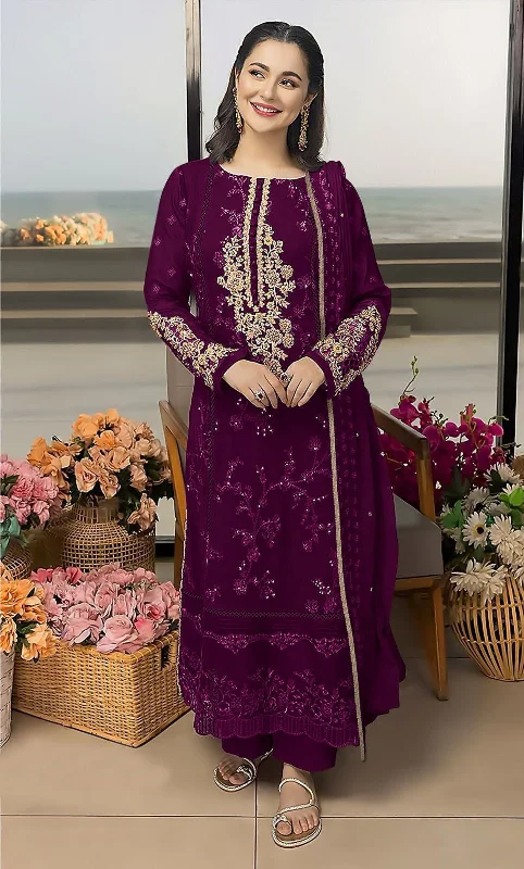 Women's Wine Faux Georgette Embroidered Kurta With Trouser & Dupatta - Jyoti Fashion Trousers Cargo Utility