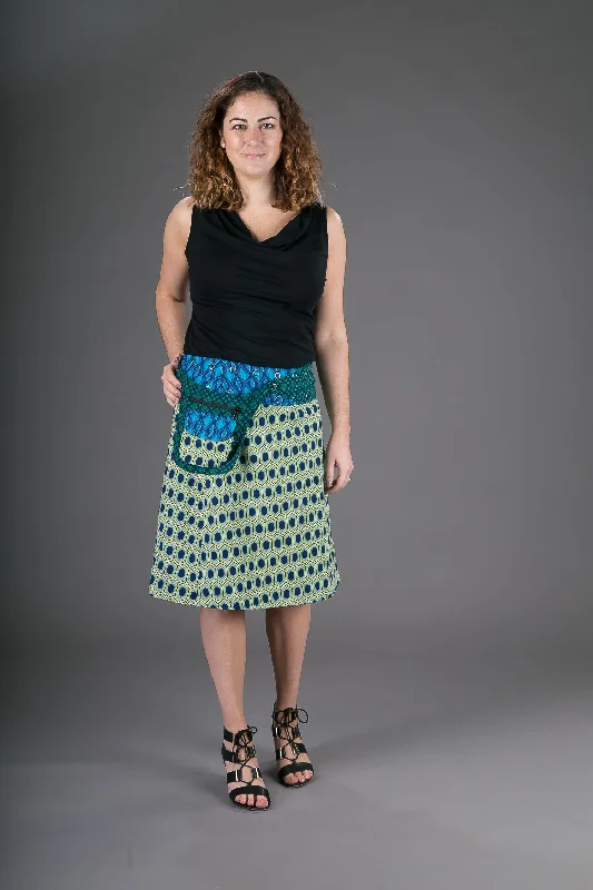 Reversible Cotton Skirt Blue Yellow Geometric Print with Pocket button skirt front