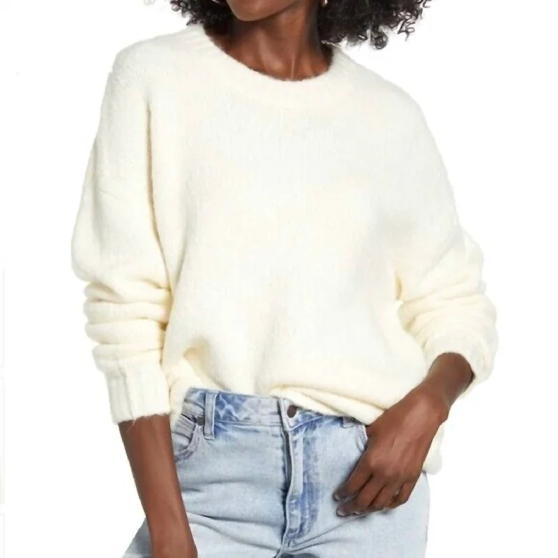 Women's Ribbed Trim Crew Neck Sweater In Ivory Terry Terry Cloth Terry Knit