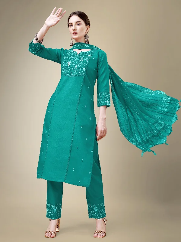 Women's Rama Cotton Blend Embroidery & Fancy Lace Work Kurta With Trouser & Dupatta - Jyoti Fashion Trousers Fleece Cozy