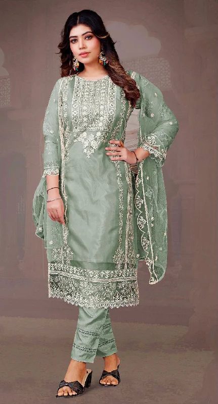Women's Sea Green Organza Embroidered Kurta With Trouser & Dupatta - Jyoti Fashion Trousers stylish modern