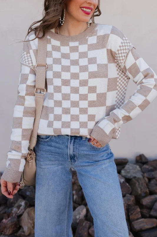 Check Me Out Checked Sweater Notch Collar Peter Pan Collar Cowl Neck