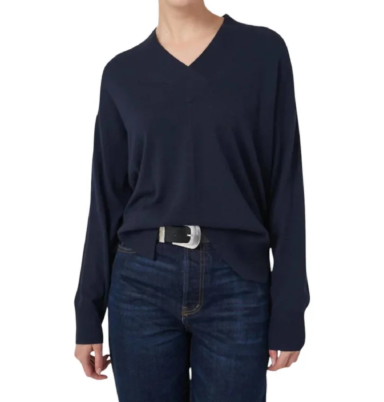 Super Fine Knit V-Neck Sweater In Marine Zippered Front Buttoned Front Snap Front
